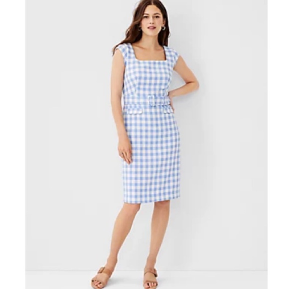 Ann Taylor Blue Gingham Plaid Sheath belted dress in size 10. NEW